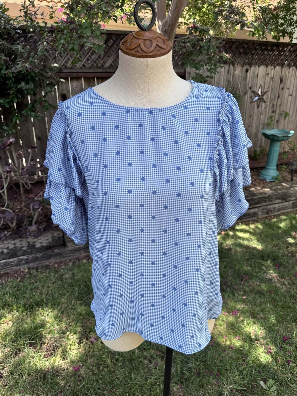 Lily White Blue Gingham Polka Dot Ruffle Sleeve Blouse Women's Size Medium